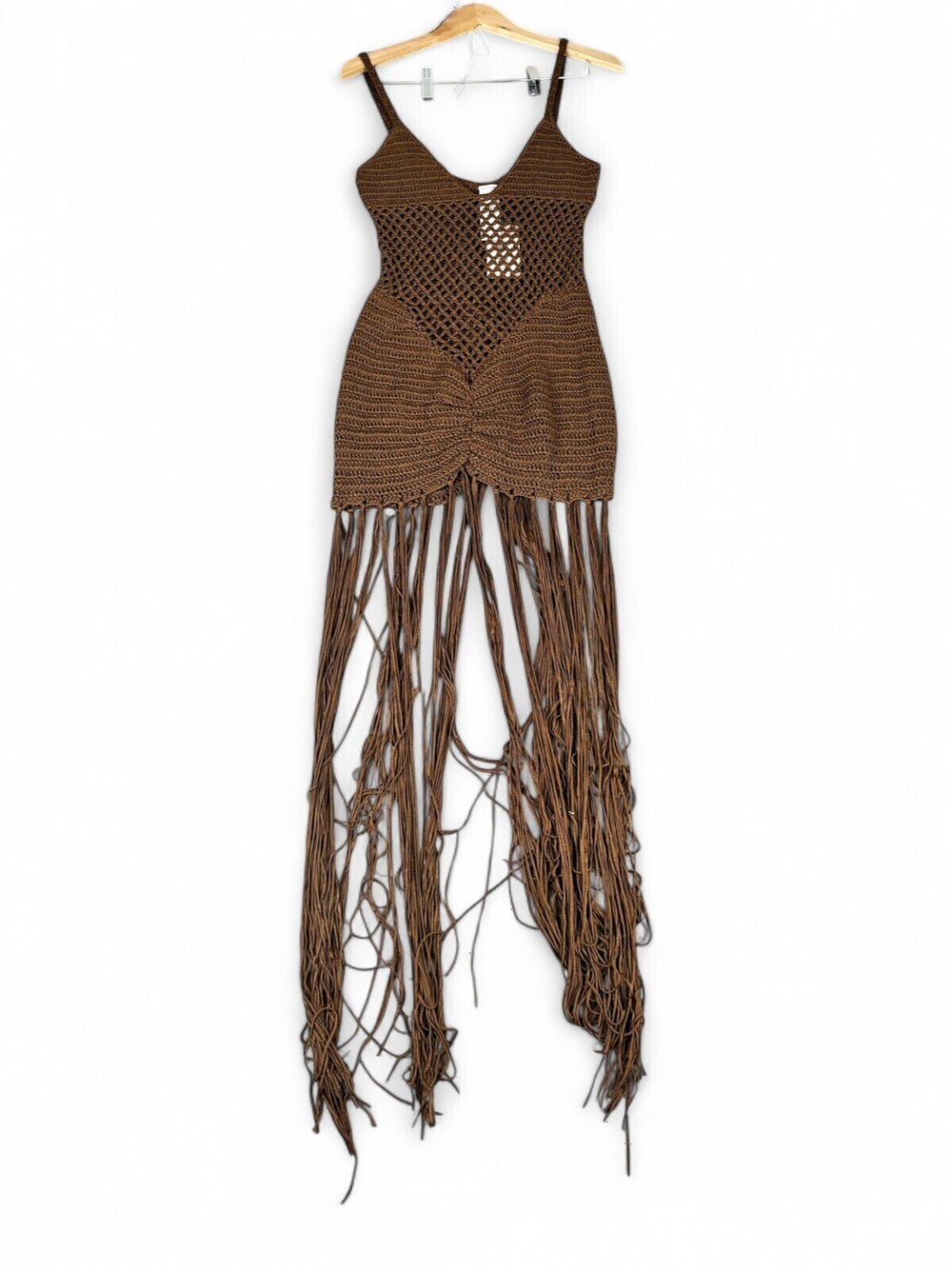 Musera Crochet Fringe Maxi Dress XS Brown Beach Festival